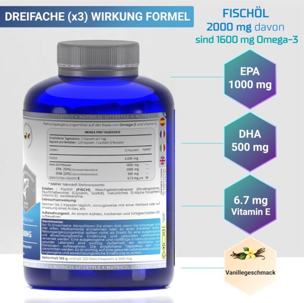 Omega 3 Kapseln Hochdosiert - 2000mg pro 2 Kapseln, 1000mg EPA & 500mg DHA - Mit Vitaminen E und Vanille-Geschmack - Unterstützt Herz, Gehirn & Sehkraft - Molekular Destilliert - 120 Kapseln – Bild 2