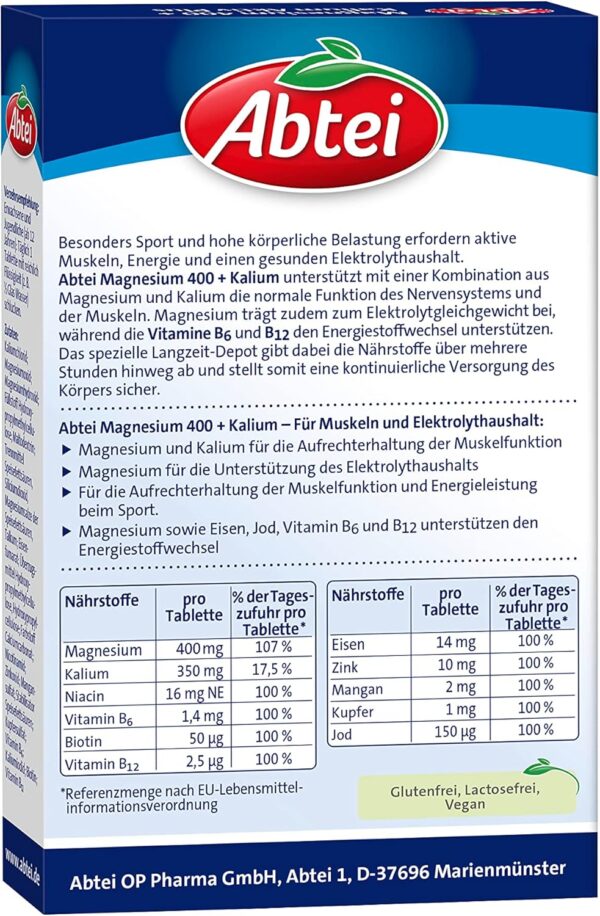 Abtei Magnesium 400 + Kalium Aktiv Plus - hochdosiert, für aktive Muskeln und den Elektrolythaushalt - mit Depot-Effekt - vegan - 30 Tabletten – Bild 4