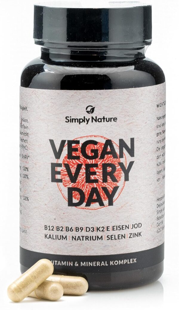 Vegan Every Day - Multivitamin Mineralstoff Komplex- Hochdosiert - 120 Kapseln - Deutsche Qualität - Laborgeprüft - B12+B2+B6+B9 Folsäure+D3+K2+E+EISEN+JOD+KALIUM+NATRIUM+SELEN+ZINK
