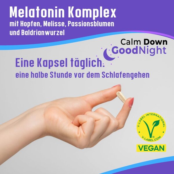 Melatonin Schlaf Komplex Calm Down & Good Night - Nahrungsergänzungsmittel mit Hopfen, Melisse, Passionsblumen und Baldrianwurzel - vegan - 60 Kapseln – Bild 3