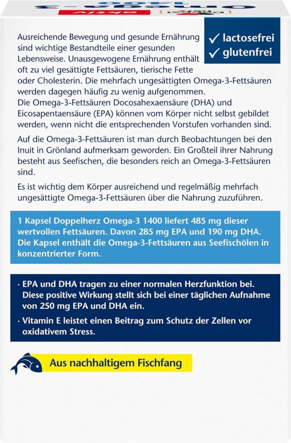 Doppelherz Omega-3 1400 mg - Hochdosiertes Omega-3-Konzentrat plus Vitamin E - Hoher Gehalt an Omega-3-Fettsäuren EPA & DHA - 90 Kapseln – Bild 4