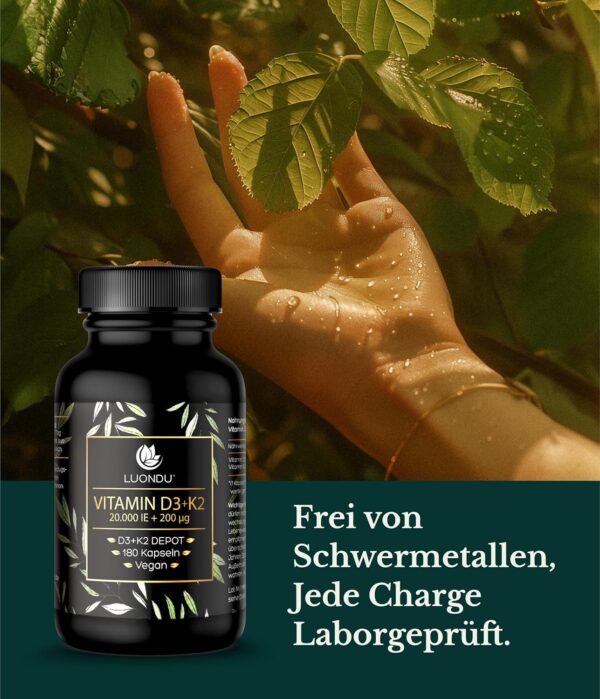 Luondu Vitamin D3 20.000 I.E + Vitamin K2 MK7 200 mcg Depot (Hochdosiert & Vegan) hochdosiert I Ohne Zusätze, Hergestellt in DE (180 Kapseln) – Bild 7