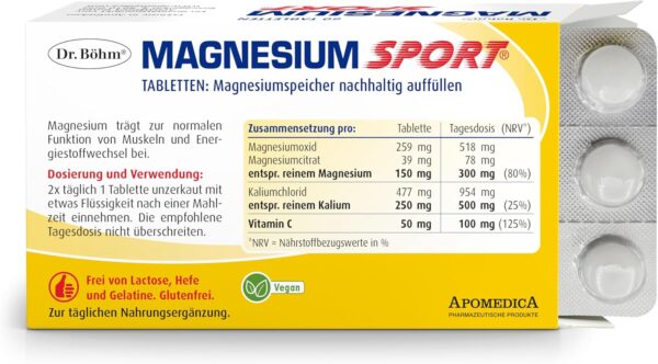 Dr. Böhm Magnesium Sport Tabletten: Für Muskeln und Energiestoffwechsel, mit Magnesium, Kalium und Vitamin C, ideal für Sportler, 60 Stück – Bild 2