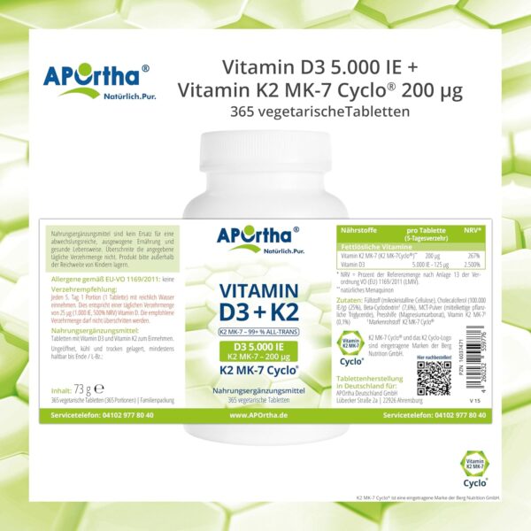 APOrtha Vitamin D3 5.000 I.E + 200 µg K2 99+% ALL-Trans, 365 vegetarische Tabletten hochdosiert u. teilbar, Premium Vitamin D und K Tablette leicht zu schlucken - Alternative zu Tropfen und Kapseln – Bild 5