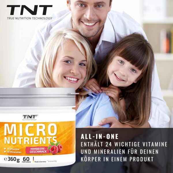 TNT Multivitamin Pulver mit 24 Vitaminen & Mineralien (360g) • Vitamin Komplex mit Grüntee Extrakt, Spirulina & Coenzym Q10 • Micronutrients (Süße Himbeere) – Bild 3
