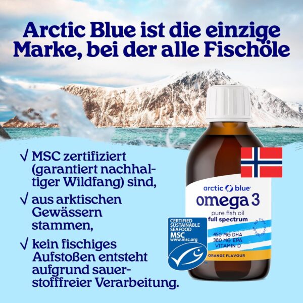 Arctic Blue Omega 3 Fischöl – 250 ml flüssig – MSC-Zertifiziert - hochdosiert mit DHA, EPA und Vitamin D – ohne Aufstoßen oder Fischgeruch – arktisches Fischöl – Orangengeschmack – Bild 3