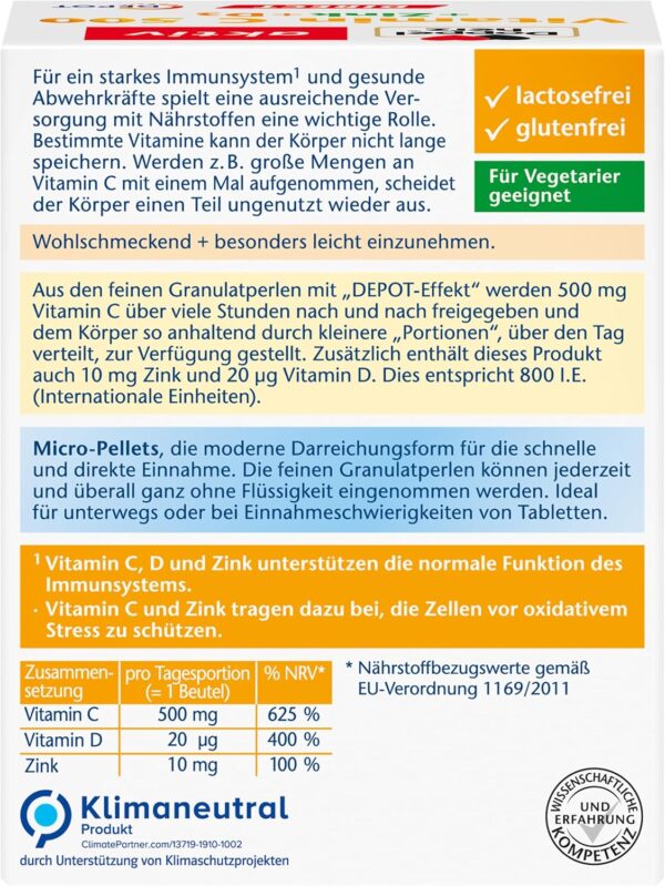 Doppelherz Vitamin C 500 + Zink + D3 DIRECT Micro-Pellets mit DEPOT-Effekt – Mit Vitamin C, Zink und Vitamin D als Beitrag für die normale Funktion des Immunsystems – 40 Portionen – Bild 2