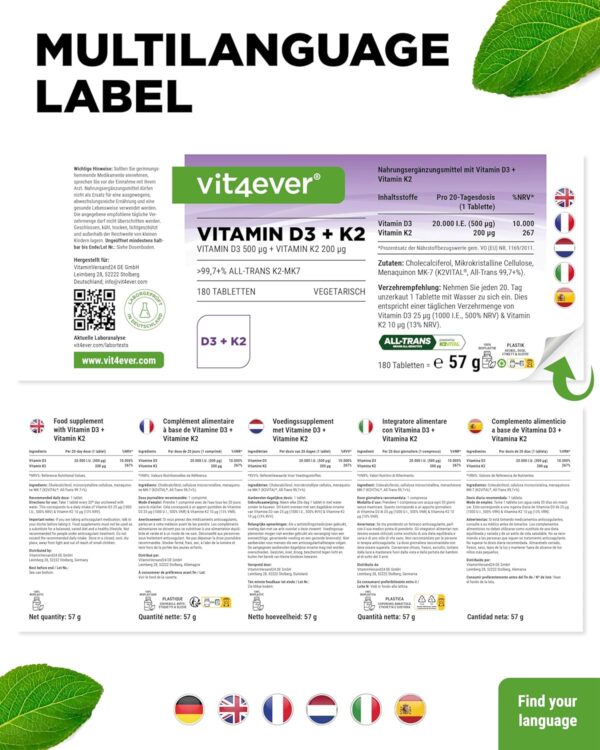 Vitamin D3 20.000 I.E + Vitamin K2 200 mcg Menaquinon MK7 Depot - 180 Tabletten - 99,7+% All-Trans - Laborgeprüft- Vegetarisch - Hochdosiert - Premium Qualität – Bild 7