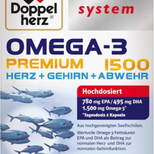 Doppelherz system Omega-3 Premium 1500 – Hoher Gehalt an wertvollen Omega-3-Fettsäuren EPA und DHA als Beitrag zur normalen Herzfunktion – 60 Kapseln