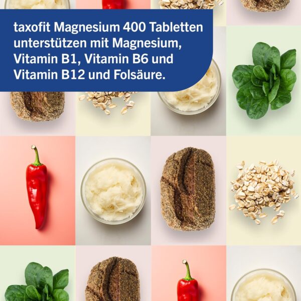 taxofit® Magnesium 400 Tabletten für Muskeln, Herz, Nerven, Energiestoffwechsel & Blutbildung | hochdosiert | vegan | Nahrungsergänzungsmittel mit Magnesium, B-Vitaminen & Folsäure | 5 x 45 Tabletten – Bild 6
