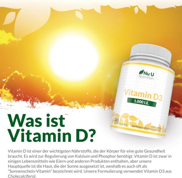 Vitamin D3 1.000 I.E. hochdosiert | für Knochen, Zähne & Immunsystem | Jahresversorgung | 100% Geld-zurück-Garantie | 365 Softgel-Kapseln | Nahrungsergänzungsmittel von Nu U Nutrition – Bild 8