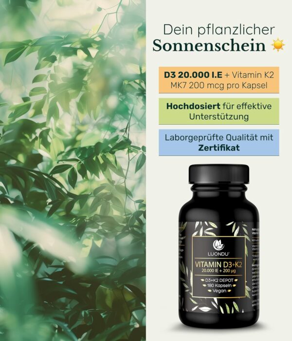 Luondu Vitamin D3 20.000 I.E + Vitamin K2 MK7 200 mcg Depot (Hochdosiert & Vegan) hochdosiert I Ohne Zusätze, Hergestellt in DE (180 Kapseln) – Bild 3