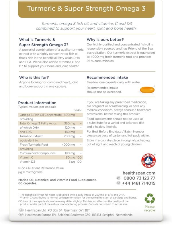 Healthspan Kurkuma & Omega 3 | Mit Vitamin C & Vitamin D3 zur Unterstützung der Herz-, Gelenk- und Knochengesundheit | Fördert das Immunsystem | Nachhaltig angebaut | 60 Kapseln – Bild 2