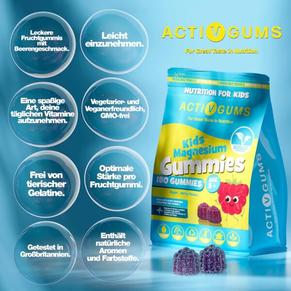 Kinder Magnesium-Gummis | 180 | Magnesiumcitrat & Vitamin C | Unterstützt Schlaf, Knochen, Immunsystem, Energie & Kognition | Wieder verschließbare, recycelbare Verpackung | Ab 5 Jahren | ActivGums® – Bild 2