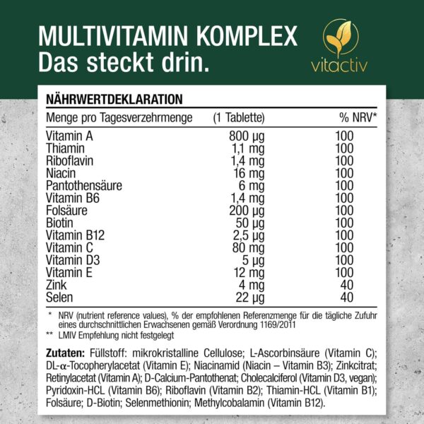 VITACTIV Multivitamin Komplex - 90 Multivitamin Tabletten - Vitamine A-Z plus Spurenelemente, ohne Vitamin K - Für z.B. Immunsystem - Hohe Bioverfügbarkeit, Hochdosiert, Vegan - Laborgeprüft in DE – Bild 7