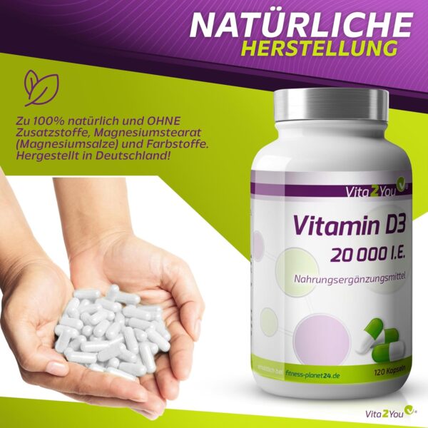 Vita2You Vitamin D3-20.000 IE - 120 Kapseln - Hochdosiert - 1000 I.E. pro Tag - 20000 Einheiten - Premium Qualität - Made in Germany – Bild 5