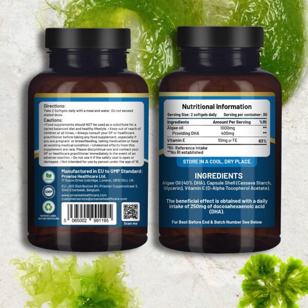 Prowise Vegan Omega-3 DHA aus Algenöl | 60 Softgelkapseln mit Vitamin E | 400mg DHA + 10mg Vitamin E | 100% pflanzlich | rein & nachhaltig angebaut – Bild 2