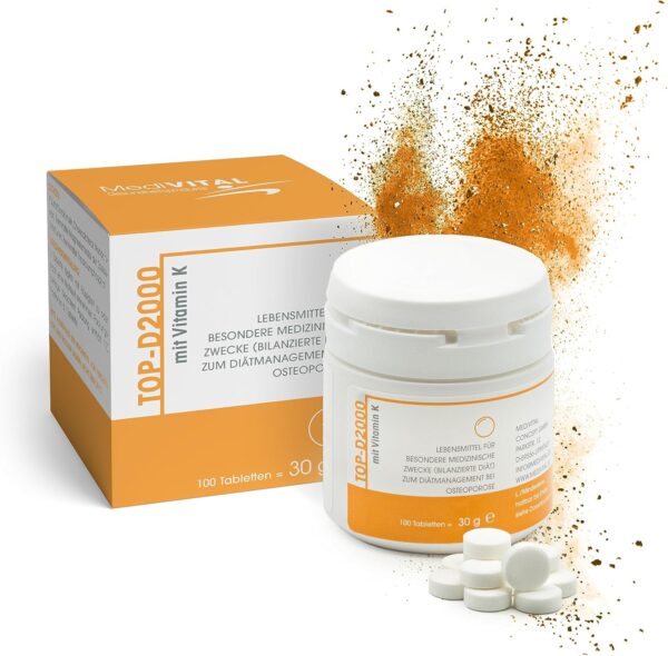 TOP-D Vitamin D3 K2 VEGAN - hochdosiert 2000 IE für Knochen, Zähne & ein starkes Immunsystem - 100 Tabletten, Made in Germany