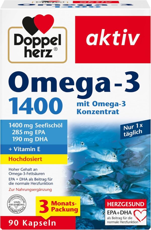 Doppelherz Omega-3 1400 mg - Hochdosiertes Omega-3-Konzentrat plus Vitamin E - Hoher Gehalt an Omega-3-Fettsäuren EPA & DHA - 90 Kapseln
