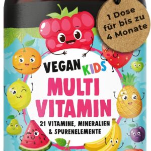 Vegan Kids Multivitamin - Vitamin A+B1+B2+B3+B5+B6+B7+B9+B12+C+D3+K2+E + Cholin + Eisen + Zink + Jod + Kalium + Selen + Natrium + Magnesium - Komplex für Kinder mit 120 Kapseln (max. 4 Monats-Vorrat)
