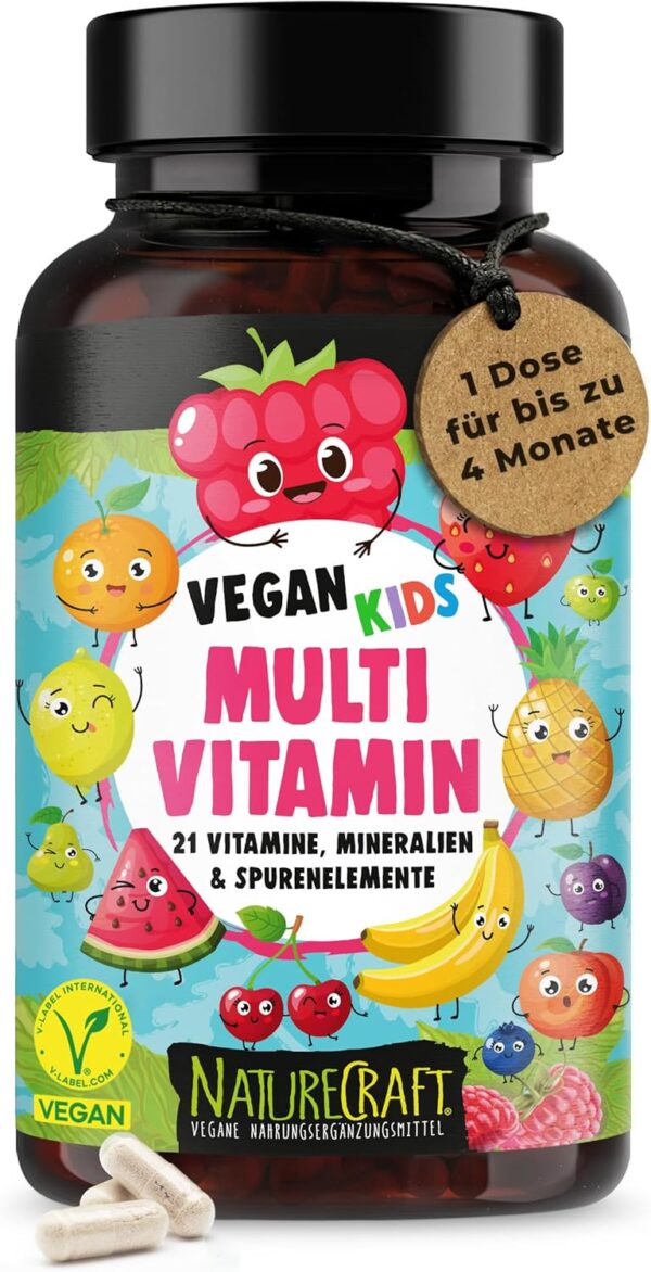 Vegan Kids Multivitamin - Vitamin A+B1+B2+B3+B5+B6+B7+B9+B12+C+D3+K2+E + Cholin + Eisen + Zink + Jod + Kalium + Selen + Natrium + Magnesium - Komplex für Kinder mit 120 Kapseln (max. 4 Monats-Vorrat)