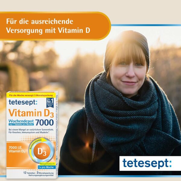 tetesept Vitamin D3 7000 Wochendepot – Vitamin D Tabletten bei einem Mangel an natürlichem Sonnenlicht – Nahrungsergänzungsmittel für Knochen, Immunsystem & Muskeln – 1 x 12 Tabletten – Bild 3