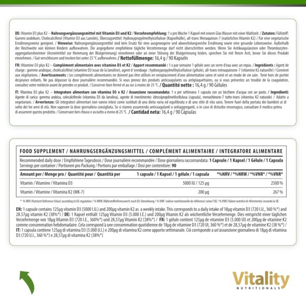 Vitamin Express Vitamin D3 K2 Hochdosiert, D 5000 IE + K2 200 mcg Premium All Trans MK7 I 90 Mini-Kapseln Hochdosiert I hohe Bioverfügbarkeit, frei von Zusatzstoffen I Vitality Nutritionals – Bild 7