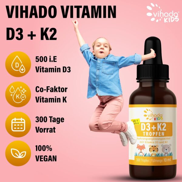 Vihado Vitamin D3 + K2 für Kinder von 4-12 Jahre, sicherer Markenrohstoff, vegan, 300 Tage, 12,5 μg 500 i.E Vitamin D aus Flechten, Kinder Vitamine, 10 ml (300 Tropfen) – Bild 4