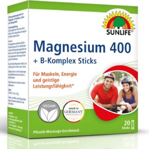 SUNLIFE Magnesium 400 + B-Komplex Sticks - 1x20 Pulver Sticks - Pfirsich-Maracuja Geschmack - Magnesium für Muskeln, Nerven & Energie - Magnesium Direkt Sticks - Magnesium Pulver vegan