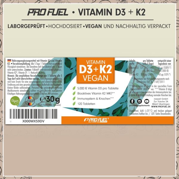 Vitamin D3 K2 VEGAN - 120 Tabletten mit 5000 IE D3 + 200 mcg K2 (MK7) - Vitamin D3 hochdosiert und vegan - reicht für 19 Monate - laborgeprüft mit Zertifikat - ohne unerwünschte Zusatzstoffe – Bild 6