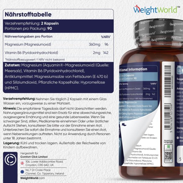 Magnesium als Magnesiumoxid - 180 Meeres-Magnesium Oxid Kapseln mit Vitamin B6-3 Monate Vorrat - Für Muskeln, Knochen, Stoffwechsel, Zellteilung - 360mg pro Kapsel - Alternative zu Magnesiumcitrat – Bild 4