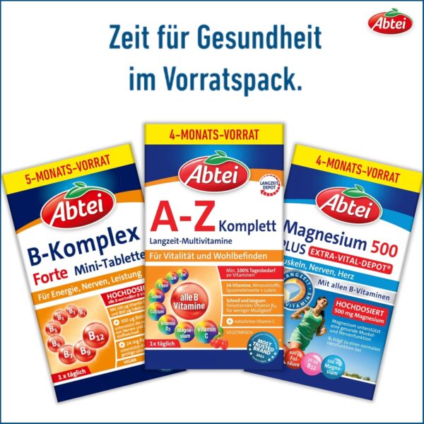 Abtei A-Z Komplett Langzeit-Multivitamine – Für mehr Vitalität – Mit 24 Vitaminen und Mineralstoffen – Glutenfrei, Laktosefrei, Vegetarisch – Vorratspackung – 120 Tabletten für 4 Monate – Bild 7