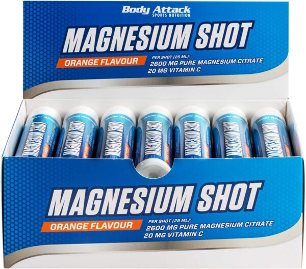 Body Attack- Magnesium Shot, hochdosiertes & flüssiges Magnesium, 225mg Magnesium, Extra Portion Vitamin C, 2600mg Magnesium Citrate, Veganes Pre & Postworkout, Made in Germany- 20 x 25ml (Orange)