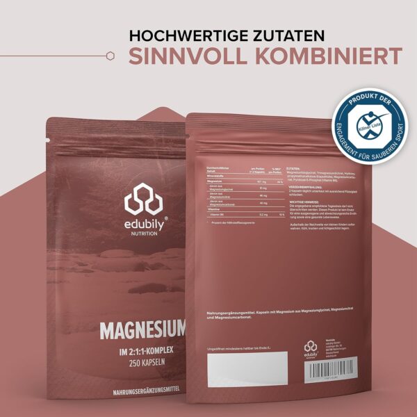 edubily nutrition® Magnesium Komplex Kapseln • Magnesiummischung aus Magnesiumglycinat, Magnesiumcitrat & Magnesiumcarbonat • Ohne Magnesiumstearat • Mit Vitamin B6 (P5P) • Vegan (250 Kapseln) – Bild 6