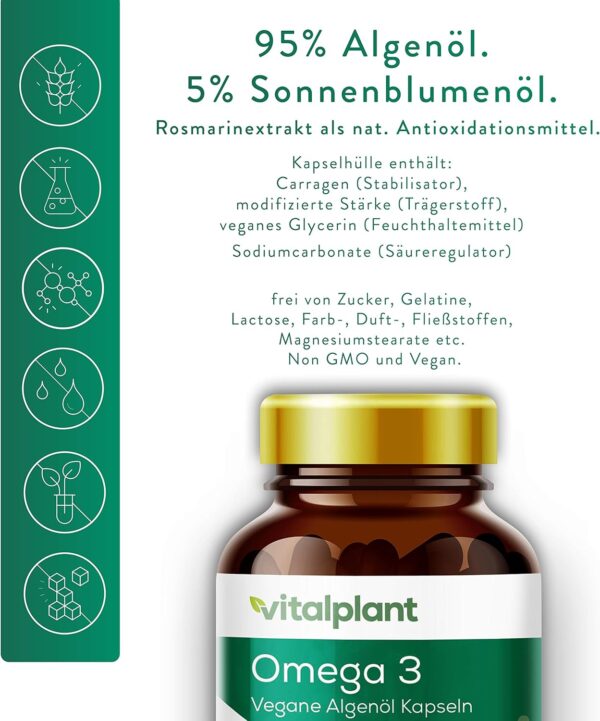 Vitalplant® Omega 3 Vegan | 250mg DHA + 150mg EPA pro Kapsel | 90 Kapseln hochdosierte Omega 3 Fettsäuren aus Algenöl | + Vitamin D3 | Pflanzliche Alternative zu Fischöl Kapseln – Bild 3