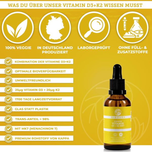QIDOSHA® Premium Vitamin D3 K2 Tropfen, 50 ml, Wirkstoffmenge in externem Labor bestätigt, 1000 I.E. Vitamin D3 je Tropfen, hoch bioverfügbar durch K2 All-Trans, vegetarisch, Vitamin D Tropfen mit K2 – Bild 2