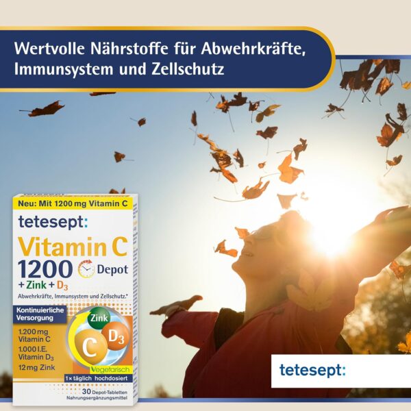tetesept Vitamin C 1200 + Zink + D3 – Nahrungsergänzungsmittel mit Vitamin C, D3 und Zink zur Unterstützung des Immunsystems, des Zellschutzes und der Knochen – 5 x 30 Vitamin Tabletten – Bild 3
