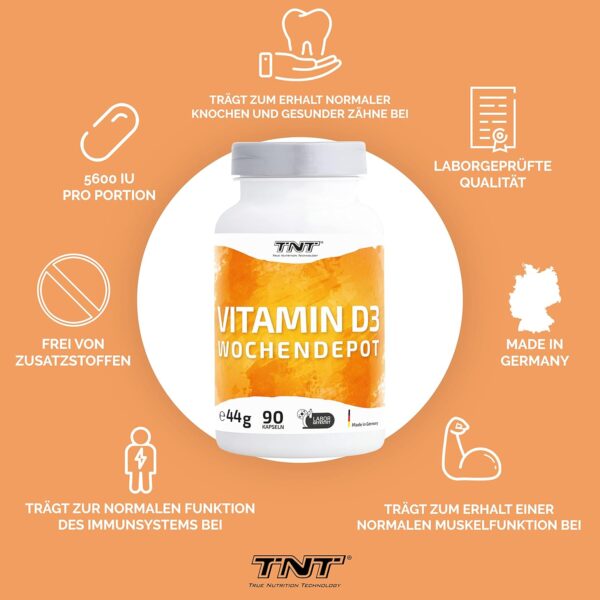 TNT Vitamin D3 5600 I.E. (90 Kapseln) • Vitamin D hochdosiert • Sonnenvitamin mit Depot-Wirkung – Bild 2