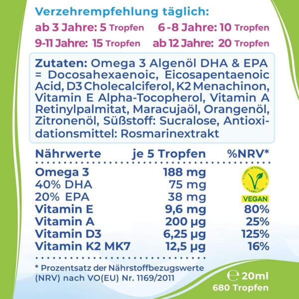Omega-3 KIDS Algenöl PLUS Tropfen für Kinder - 40% DHA & 20% EPA mit Vitamin D3 + K2 + A + E - natürlich süßer Geschmack mit Maracuja-, Orangen- und Zitronenöl - Vegan (20ml = bis zu 4 Monats-Vorrat) – Bild 2