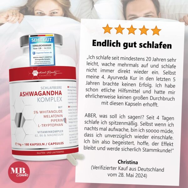 Ashwagandha Extrakt 180 Kapseln hochdosiert mit patentierten KSM-66 Premiumrohstoff - vegan Anti Stress, laborgeprüft mit indischer Schlaf-Beere, Tryptophan, Melatonin & Magnesium – Bild 6