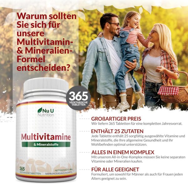 Multivitamin & Mineralstoffe A-Z - 365 Vegetarische Tabletten - 1 Jahresvorrat - 25 Vitamine und Mineralstoffe pro Tablette Hochdosiert - Hergestellt en Europa - Nu U Nutrition – Bild 5