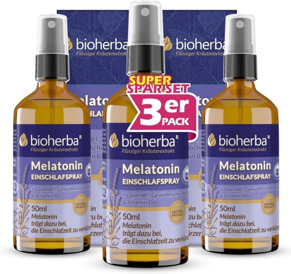 3 Stk. Melatonin Einschlafspray 50ml mit Lavendel, Hopfen und Vitamin B6 – Alkoholfrei – Vegane Natürliche Formel für Erwachsene von BIOHERBA