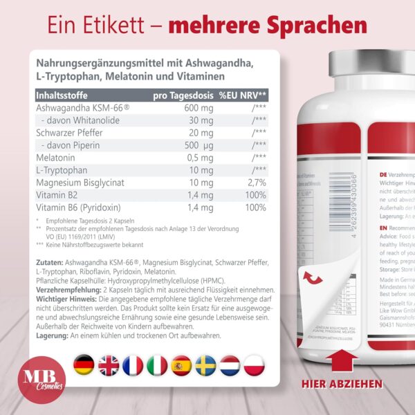 Ashwagandha Extrakt 180 Kapseln hochdosiert mit patentierten KSM-66 Premiumrohstoff - vegan Anti Stress, laborgeprüft mit indischer Schlaf-Beere, Tryptophan, Melatonin & Magnesium – Bild 5