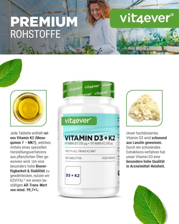 Vitamin D3 10.000 I.E + Vitamin K2 200 mcg Menaquinon MK7 Depot - 180 Tabletten - 99,7+% All-Trans (K2VITAL® von Kappa) - Laborgeprüft - Vegetarisch - Hochdosiert - Premium Qualität – Bild 3