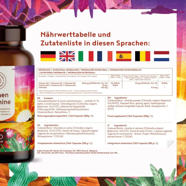 Vitamin D3 + K2 - hochdosiert 20.000 IE - 160 Kapseln - vitaMK-7, 99,99% All-Trans und pflanzliche Omega 3 Fettsäuren aus Leinsamen und Algen - SONNENVITAMINE – Bild 4