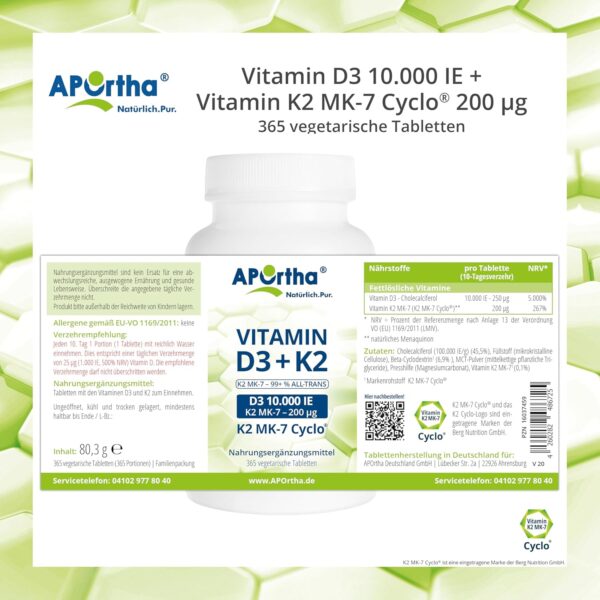 APOrtha® Vitamin D3 10.000 I.E + 200 µg K2 99+% ALL-Trans, 365 vegetarische Tabletten hochdosiert u. teilbar, Premium Vitamin D und K Tablette leicht zu schlucken - Alternative zu Tropfen und Kapseln – Bild 5