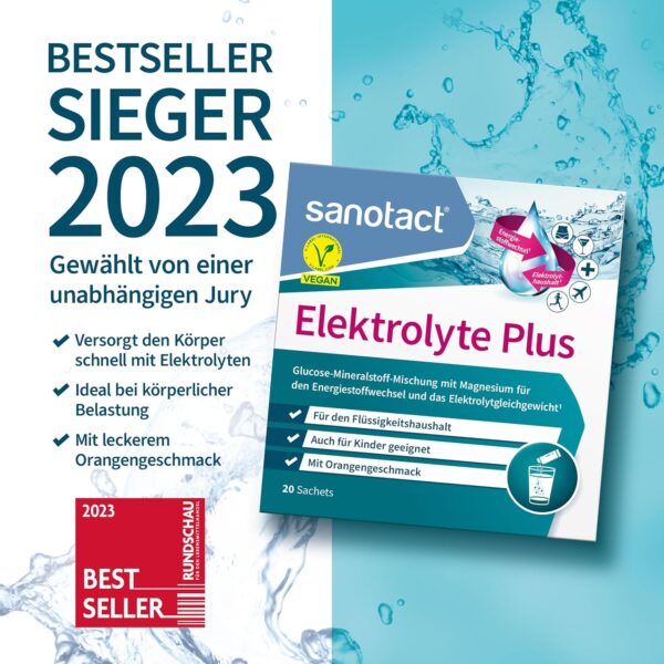 sanotact Elektrolyte Plus (20 Beutel) • Elektrolyt Pulver für Flüssigkeitshaushalt • Kalium & Magnesium für Elektrolytgleichgewicht • 100% Vegan • Recovery Drink • Mit Orangengeschmack – Bild 2