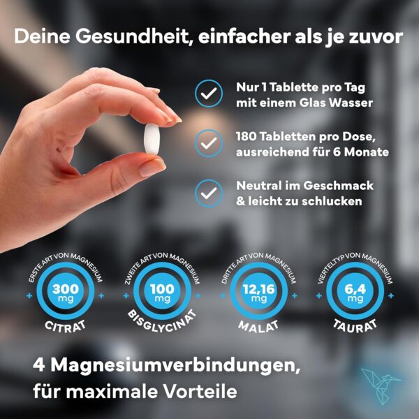 Magnesium Komplex - Premium – 4-fach Formel mit Bisglycinat, Citrat, Malat & Taurat – Hochdosiert – 180 Tabletten – Sevens – Bild 5