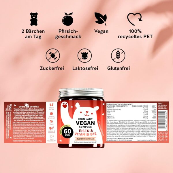 Bears with Benefits Bei Eisenmangel: Veganer Komplex mit hochdosiertem Eisen, Vitamin B12, B1, B6, C, D3 & Jod – Vitamin Gummies - 60 Stück - Vegan - Zuckerfrei – Bild 7
