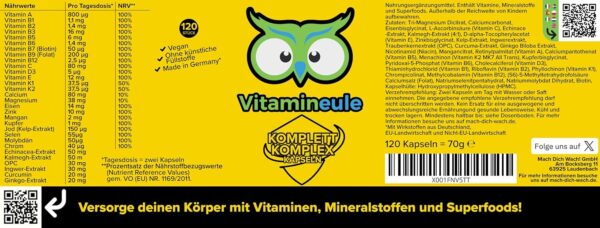 Komplett Komplex Kapseln - alle A-Z Vitamine & Mineralien - hochdosiert, bioaktiv & vegan - Multivitamin, Multimineral & Superfoods - Produktion in Deutschland - für Erwachsene & Kinder - Vitamineule® – Bild 4